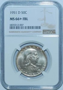 1951 D NGC MS66+FBL Full Bell Lines Franklin Half Dollar - Picture 1 of 2