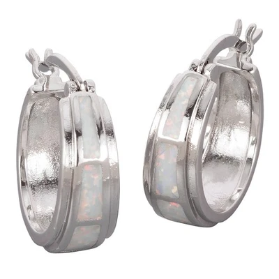 Wide White Fire Opal Silver Jewelry Snap Closure Hoop Earrings - Image 1 of 4
