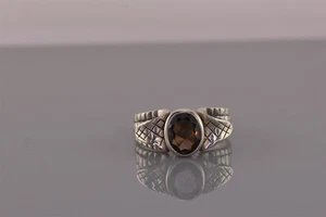 Sterling Silver Oval Smoky Quartz Flared Wings Carved Band Ring 925 Sz: 8 - Picture 1 of 8