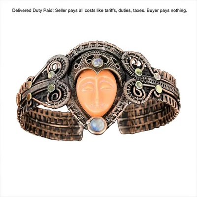 Oferta de Navidad Naranja Tallada Piedra Preciosa Arco Iris Piedra Lunar Brazalete Cobre Foto 1 de 4