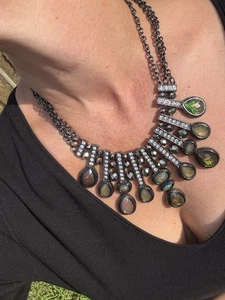 Green Iridescent Multi Gem Triple Chain GoldTone Chunky Statement Necklace Rare - Picture 1 of 15