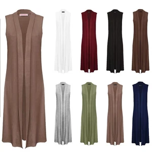 Ladies Sleeveless Maxi Long Length Boyfriend Cardigan Collared Top Long Floaty - Picture 1 of 37