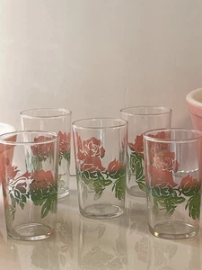 Vtg Federal Glass Juice Tumblers Coral Pink Flowers Green Leaves 5 Glasses - Picture 1 of 10