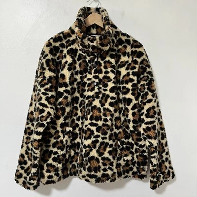 Sudadera polar Sherpa con estampado de leopardo cuello a presión J Crew talla XL cómoda NUEVA Foto 1 de 4