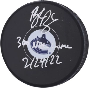 Brock Boeser Canucks Signed Hockey Puck with "300th NHL Game 2/24/22" Insc - Picture 1 of 3