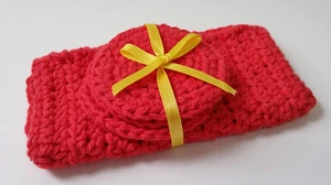 Red Crochet Cotton Bath Set - Washcloth Scrubbie Makeup Remover Handmade - Picture 1 of 5