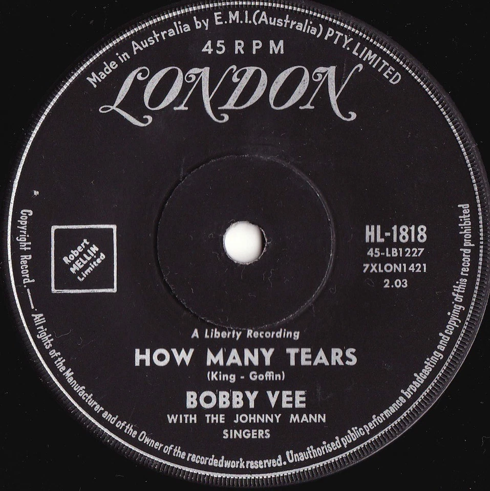 Bobby Vee ORIG OZ 45 How many tears VG+ ’61 London HL1818 Teen Idol Pop Rock - Image 1 of 1