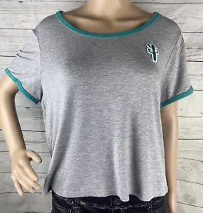 T-Shirt Mossimo kurzes Ringer Junioren XXL grau blaugrün Kaktus Aufnäher Freizeit - Bild 1 von 12