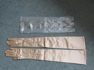 Luvas longas vintage Gant Neyret ouro cetim noite/ópera tamanho 6,5 c1950's - Imagem 1 de 4