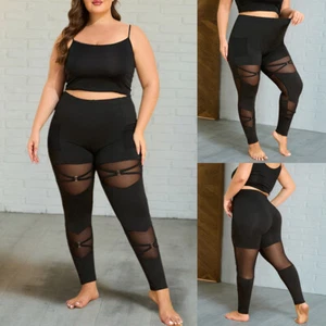 Plus Size Womens Pockets Mesh Leggings Yoga Stretch Skinny Pants Bottoms Trouser - Picture 1 of 17