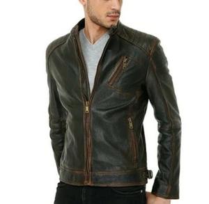 Men's Motorcycle Distressed Cafe Racer Biker Retro Real Leather Jacket - Picture 1 of 1
