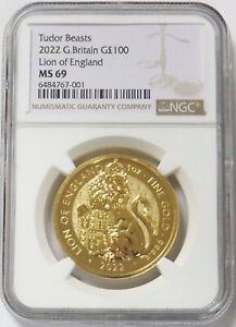 2022 GOLD GREAT BRITAIN 100 POUNDS TUDOR BEASTS 1 OZ LION OF ENGLAND NGC MS 69