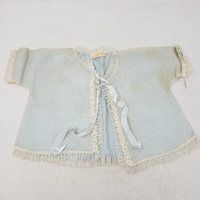 Vintage Mid Century Saks Fifth Avenue Lace Polka Dot Blue Newborn Baby Jacket - Image 1 of 4