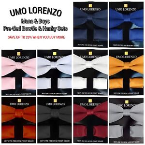 Umo Lorenzo Mens Pretied Bow Tie Set Solid Colors Bowtie Pocket Square Hanky