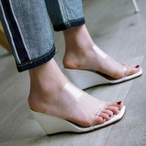 Womens Wedge High Heel Slippers Clear PVC Open Toe Slip On Party Slides Shoes SZ - Picture 1 of 15