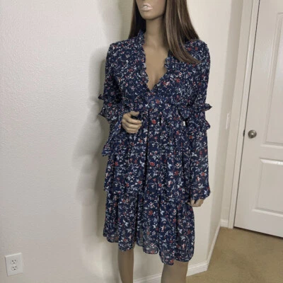Walter Baker Dress Size 2 Blue Floral Print Diana Tiered Ruffle Layered Nautical - Image 1 of 4