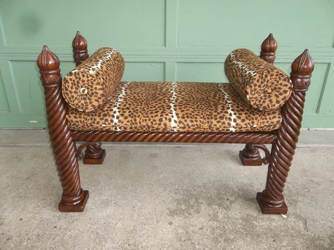 Rare Signed Carved Solid Mahogany 4 Post Bench w/ Animal Print Cushion 42 1/2" Cover
