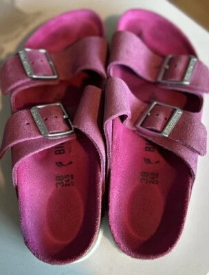 Birkenstock Womens Size 7 EU 38 Narrow Arizona Hot Pink Suede Slides - Image 1 of 4