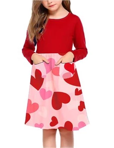 Little Girls Dress Long Sleeve Solid Color Casual Skater Pocket Dress Red Hea... - Picture 1 of 6