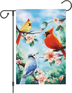 Welcome Spring Cardinals Garden Flag 12X18 Double Sided, Burlap Small Flower Flo - Picture 1 of 6