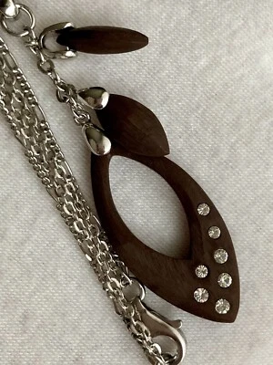 Wooden Crystal 2.5” Boho Pendant Double Chain Sterling Silver 16” Necklace 925 - Изображение 1 из 4