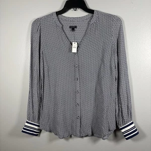 Camisa Talbots Para Mujer Talla L Azul Blanco Botón Estampado Geométrico Carrera Preppy - Imagen 1 de 16
