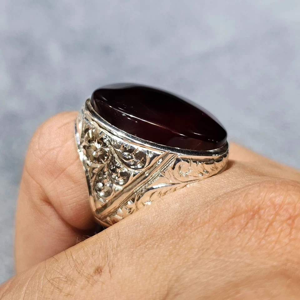 Yemeni Aqeeq Ring For Men, 925 Sterling Silver Natural Agate Ring, Shia Ring - Image 1 of 4
