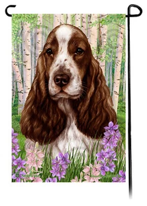 Spring Flowers Garden Flag - Liver and White English Cocker Spaniel - Picture 1 of 1