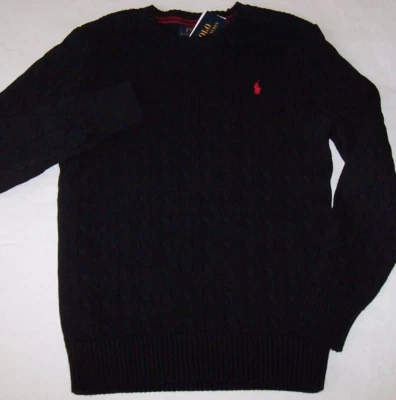 NWT Polo Ralph Lauren BLACK CABLE Knit Crew-Neck Sweater Boys M 10/12 RED PONY - Image 1 of 3