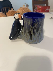 Doug Wylie Ceramic Puffin Mug Handmade Blue Drip Glaze Ocean Nautical Wildlife - Picture 1 of 10