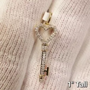 10K Gold Necklace Pendant 1" Heart Key Real Diamonds New Solid 10kt Yellow Gold! - Picture 1 of 4