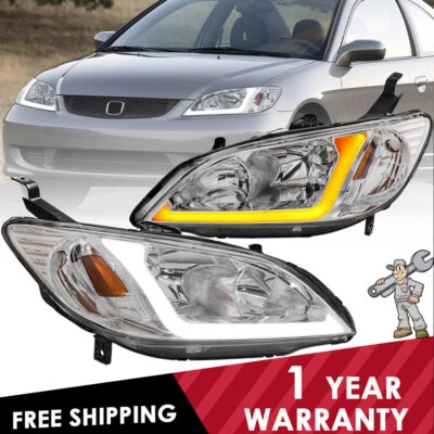 2x New Chrome For 04-05 Honda Civic LED DRL Bar turn signal Headlights Assembly - Image 1 of 4