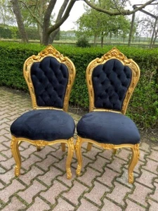 Dining Chairs (2) Louis XVI French Gold Beech Black Velvet Upholstered Vintage - Picture 1 of 9