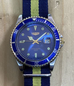 Vintage Diver Watch Laurens 200m Quartz Blue Dial Bezel Gold Mens Wristwatch - Picture 1 of 11