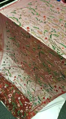 Burgundy Hand Beaded Lace Fabric Garden Floral Flowers Green Pink By Yard - Image 1 of 4