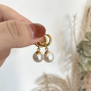 18K Gold Stainless Steel Dangle Drop Pearl Ball Huggie Hoop Earrings Gift F21 - Picture 1 of 6