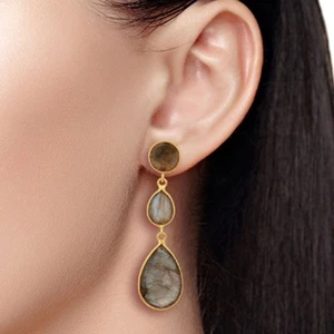 Labradorite 18K Gold Plated 925 Sterling Silver Dangle Earrings Gemstone Jewelry - Picture 1 of 4