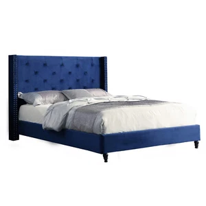 Valentina Upholstered Velvet Wingback Platform Bed, Blue, Queen - Picture 1 of 1