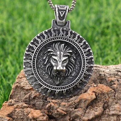 Colar pingente masculino retrô de aço inoxidável cabeça de leão animal rei prata - Imagem 1 de 4