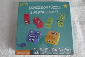Wooden Expressions Matching Block Puzzles Building Cubes Toy Board Games - Picture 1 of 6