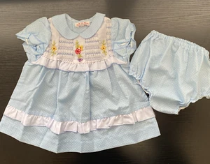 Vtg Blue Baby Dress Polka Dot Smocked Size 6-12 Months? with Diaper Cover - Picture 1 of 12
