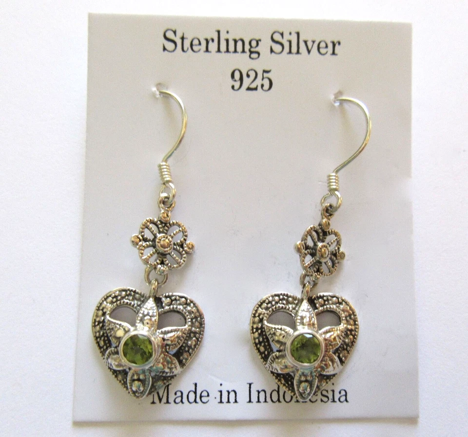 Sterling Silver earrings- heart shape flower-genuine peridot - french wire - Image 1 of 1