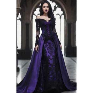 Vintage Victorian Wedding Dresses Purple And Black Gothic Gown Lace Applique - Picture 1 of 6