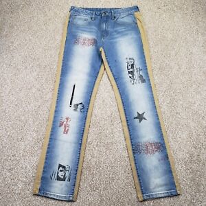 21 Men Size 32x32 Mens Slim Straight Denim Graphic Blue Beige Jeans *