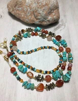 Soporte para gafas/cordón/máscara/insignia hecho a mano con piedra de ágata roja/turquesa/hematita Foto 1 de 4
