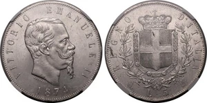ITALY , 5 LIRE VITTORIO EMANUELE II  1874 M BN  ( 24 ) NGC MS 63 , RARE - Picture 1 of 3
