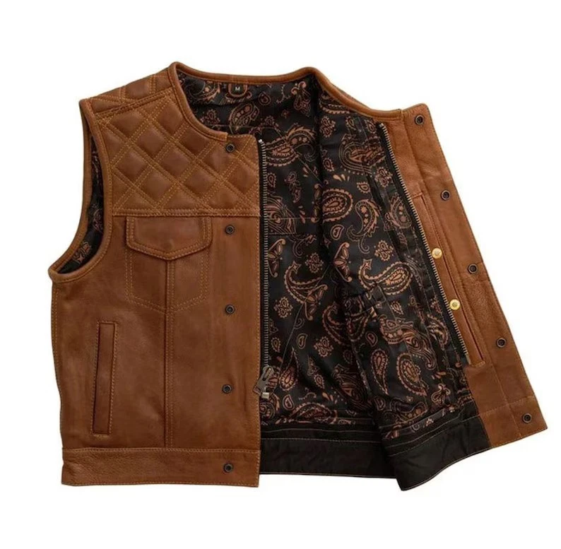 Men's Tan Genuine Leather Biker Vest with Paisley Lining Vintage Motorcycle Gear - Image 1 of 4