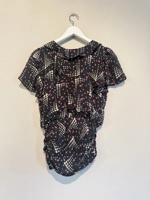 Lux Anthropogie Black Silk Retro Apple Print Top Blouse Short Sleeve Ruching XS - Image 1 of 4