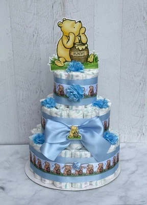 Pastel de pañales Winnie The Pooh de 3 niveles Baby Shower niño Foto 1 de 2