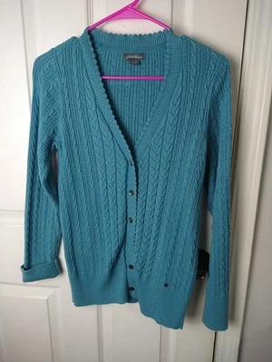 Eddie Bauer Woman L Cardigan Sweater Aqua Cable Knit Long Sleeve V Neck Casual  - Image 1 of 4